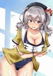  1girl alternate_costume beret blush breasts chan_(akuty_ikkot) character_name cleavage embarrassed flying_sweatdrops hair_between_eyes hat highres kantai_collection kashima_(kantai_collection) large_breasts long_hair looking_at_viewer new_school_swimsuit open_mouth shiny shiny_skin silver_hair solo swimsuit swimsuit_under_clothes thigh_gap thighs wavy_hair wavy_mouth 