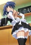 00s 1girl adjusting_clothes bashoku_youjou black_legwear blue_hair breasts dress earrings elbow_gloves from_below gloves hair_ribbon ikkitousen indoors jewelry looking_at_viewer magatama_earrings maid maid_headdress open-back_dress orange_ribbon pink_eyes ribbon short_twintails sideboob solo thigh-highs twintails white_gloves 