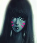  1girl bangs closed_mouth d.va_(overwatch) eyeliner eyeshadow face facepaint facial_mark highres kyung_han_kim lips long_hair looking_at_viewer makeup mascara nose overwatch realistic solo spot_color whisker_markings 