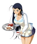  00s 1girl apron black_hair blue_eyes breasts cleavage cup earrings holding ikkitousen jewelry kakouen_myousai large_breasts long_hair looking_at_viewer magatama_earrings simple_background solo teacup white_background 