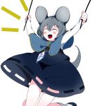  1girl adapted_costume ahoge animal_ears arms_up black_shoes black_skirt black_vest blush capelet closed_eyes diamond dowsing_rod grey_hair hair_between_eyes happy highres ikurauni jewelry jumping long_sleeves mouse_ears mouse_tail nazrin open_mouth pendant shirt shoes short_hair simple_background skirt skirt_lift skirt_set smile solo tail teeth tongue tongue_out touhou white_background white_legwear white_shirt 