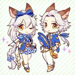  1boy 1girl ;) animal_ears argyle argyle_bow argyle_skirt bangs blue_ribbon blue_vest bow braid brother_and_sister cat_ears chibi cosplay djeeta_(granblue_fantasy) djeeta_(granblue_fantasy)_(cosplay) earrings erun_(granblue_fantasy) flower gloves gran_(granblue_fantasy) gran_(granblue_fantasy)_(cosplay) granblue_fantasy hair_between_eyes hair_flower hair_ornament hair_ribbon hairband heles jewelry kimi_to_boku_no_mirai long_hair low_ponytail miniskirt one_eye_closed orange_eyes pants ponytail puffy_short_sleeves puffy_sleeves ribbon seruel shoes short_sleeves siblings silver_hair single_braid skirt skirt_lift smile socks soppos sparkle striped striped_background vest white_gloves white_pants 