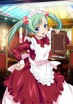  00s 1girl blue_eyes dress green_hair hair_bobbles hair_ornament hand_on_hip holding ikkitousen indoors long_hair looking_at_viewer maid maid_headdress open_mouth shokatsuryou_koumei solo twintails 