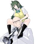  1boy 1girl amano_midoriko bald black_legwear breast_rest breasts carrying formal gloves green_eyes green_hair instrument kibune_uzu large_breasts looking_at_viewer necktie piggyback scar shoulder_carry sitting sitting_on_person skirt smile socks suit sweatdrop trumpet vest white_background white_gloves yasuda_suzuhito yozakura_quartet 