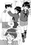  1boy 1girl :d ^_^ admiral_(kantai_collection) bangs belt black_hair blush closed_eyes comic faceless faceless_male greyscale hands_on_another&#039;s_cheeks hands_on_another&#039;s_face hetero implied_kiss kantai_collection kiss kneehighs kyougoku_shin long_sleeves looking_at_another looking_at_viewer mogami_(kantai_collection) monochrome neckerchief open_mouth school_uniform serafuku shadow shoes short_hair shorts smile swept_bangs tiptoes translated 
