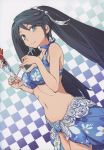 1girl absurdres aka_ringo bare_shoulders bikini black_hair blue_eyes blush breasts checkered checkered_background collarbone floral_print food groin hair_ribbon highres ice_cream isuzu_(kantai_collection) kantai_collection large_breasts lips long_hair looking_at_viewer navel parfait ribbon sarong scan smile solo spoon swimsuit twintails 