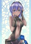  1girl assassin_(fate/prototype_fragments) bare_shoulders blush breasts cleavage dark_skin fate/grand_order fate/prototype fate/prototype:_fragments_of_blue_and_silver fate_(series) flower looking_at_viewer marker_(medium) navel purple_hair short_hair solo traditional_media violet_eyes yuto_cafe 