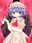  1girl :/ arm_holding bat_wings blue_hair blush brooch cheunes cravat cup curtains dated hat hat_ribbon highres jewelry looking_at_viewer mob_cap puffy_short_sleeves puffy_sleeves red_eyes remilia_scarlet ribbon short_hair short_sleeves skirt skirt_set solo teacup touhou wings 
