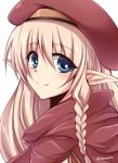  1girl alleyne_(queen&#039;s_blade) beret blonde_hair blue_eyes blush braid cape elf hat long_hair looking_at_viewer pointy_ears portrait queen&#039;s_blade side_braid smile solo tareme tokonaru twitter_username white_background 