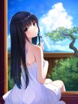  1girl bare_shoulders black_hair blush brown_eyes bush clouds day dress fence from_behind halterneck head_tilt holding itou_nanami lens_flare long_hair looking_at_viewer looking_back original parted_lips ramune sitting sky solo summer sundress tree very_long_hair white_dress wooden_fence 