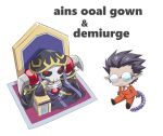  2boys ainz_ooal_gown black_hair bone collar demiurge ear_piercing english glasses gloves hood jewelry long_sleeves multiple_boys necktie overlord_(maruyama) pinstripe_suit pointy_ears red_eyes ring robe sarusuberi short_hair sitting skeleton smile tail throne undead 