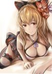  1girl bare_shoulders blonde_hair bow breasts cleavage flower granblue_fantasy hair_bow hibiscus long_hair looking_at_viewer nannacy7 ponytail red_eyes sketch smile solo vira 