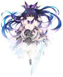  1girl armor armored_dress breasts choker cleavage date_a_live dress gloves holding holding_weapon long_hair looking_at_viewer looking_up pauldrons purple_hair simple_background solo sword tsunako violet_eyes weapon yatogami_tooka 