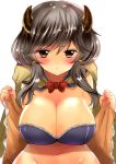  1girl :&lt; abi_(ababsksk) blush breasts cape cleavage closed_mouth doraf granblue_fantasy grey_hair groin highres horns kumuyu large_breasts leaning_forward long_hair orange_eyes simple_background solo white_background 
