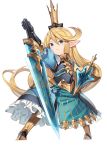  1girl armor armored_boots armored_dress bangs blonde_hair blue_eyes blush boots breastplate charlotta_(granblue_fantasy) crown dress eyebrows eyebrows_visible_through_hair frilled_dress frills frown full_body gauntlets granblue_fantasy hair_between_eyes harbin long_hair paseri planted_sword planted_weapon pointy_ears puffy_short_sleeves puffy_sleeves shield short_sleeves simple_background solo standing sword weapon white_background 