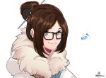  1girl black-framed_eyewear brown_eyes brown_hair character_name closed_mouth coat fur-lined_jacket fur_coat fur_trim futo_20 glasses hair_bun hair_ornament hair_stick looking_at_viewer mei_(overwatch) overwatch parka short_hair simple_background smile solo twitter_username upper_body white_background winter_clothes winter_coat 