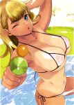  1girl ;o absurdres arai_kei arm_up blonde_hair blue_eyes breasts clueless collarbone day dutch_angle freckles highres large_breasts looking_at_viewer navel one-piece_tan one_eye_closed open_mouth outdoors scan see-through skindentation solo string_bikini tan tanline toranoana wading water water_gun wet 
