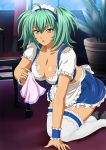  00s 1girl blue_skirt breasts cleavage collarbone green_eyes green_hair handkerchief ikkitousen kneeling large_breasts maid_headdress matching_hair/eyes ryofu_housen short_twintails skirt solo thigh-highs tied_hair twintails white_legwear 