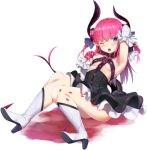 1girl armpits blue_eyes blush boots breasts detached_sleeves fate/extra fate/extra_ccc fate/grand_order fate_(series) high_heel_boots high_heels horns lancer_(fate/extra_ccc) long_hair omochi_no_kimochi one_eye_closed pink_hair pointy_ears small_breasts solo tail under_boob