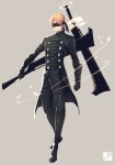  1boy arm_at_side belt between_legs black_boots black_coat black_gloves black_pants blindfold blonde_hair boots clenched_hand cosplay covered_eyes floating_object floating_swords full_body gloves glowing holding holding_sword holding_weapon izumi_kouhei long_sleeves male_focus nier_automata pants pepper_fever simple_background solo standing sword thigh-highs thigh_boots weapon world_trigger 