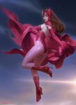  1girl ass boots breasts brown_hair cape character_name elbow_gloves flying full_body gloves green_eyes headgear high_heel_boots high_heels kilart leotard lips long_hair looking_at_viewer looking_back marvel pantyhose pink_clothes pink_gloves pink_legwear scarlet_witch sky solo sun 