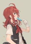  1girl ahoge arashi_(kantai_collection) blouse buttons from_side gloves grey_eyes kantai_collection long_hair looking_to_the_side messy_hair neckerchief popsicle redhead school_uniform short_sleeves simple_background solo upper_body vest wataro_(watawatawatapon) white_gloves 