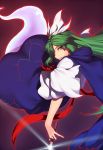  1girl cape commentary eyebrows eyebrows_visible_through_hair ghost_tail green_eyes green_hair hat highly_responsive_to_prayers holding holding_weapon kaiza_(rider000) knife long_hair looking_at_viewer looking_to_the_side matching_hair/eyes mima smile solo touhou touhou_(pc-98) weapon witch_hat wizard_hat 