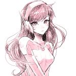 1girl bangs blush bodysuit breasts brown_eyes brown_hair bunny_print d.va_(overwatch) eyebrows eyebrows_visible_through_hair facepaint facial_mark headphones hiromu_ps long_hair looking_at_viewer monochrome overwatch pauldrons pilot_suit pink ribbed_bodysuit simple_background small_breasts solo turtleneck upper_body whisker_markings white_background 