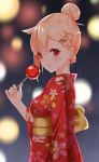  1girl alternate_costume alternate_hairstyle apple arm_at_side blonde_hair blurry candy_apple depth_of_field floral_print folded_ponytail food from_side fruit hair_between_eyes hair_flaps hair_up highres japanese_clothes kantai_collection kimono lips looking_at_viewer obi parted_lips red_clothes remodel_(kantai_collection) sash solo upper_body yasuto_(eria151) yukata yuudachi_(kantai_collection) 