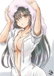  1girl arms_up black_hair blush breasts brown_eyes chize cleavage collarbone drying_hair eyebrows eyebrows_visible_through_hair haruna_(kantai_collection) head_tilt kantai_collection large_breasts long_hair looking_at_viewer navel open_clothes open_shirt parted_lips shirt short_sleeves simple_background solo stomach towel upper_body very_long_hair white_background white_shirt 
