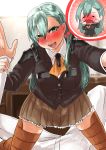  1boy 1girl admiral_(kantai_collection) aqua_hair ascot blazer blush breasts brown_legwear buttons crying flying_sweatdrops full-face_blush hair_ornament hairclip holding_arm jacket kantai_collection large_breasts long_hair looking_at_viewer mrdotd open_mouth pleated_skirt pov school_uniform skirt solo_focus suzuya_(kantai_collection) tears thigh-highs thought_bubble twitter_username uniform zettai_ryouiki 