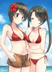  2016 2girls alternate_costume bare_arms bare_shoulders bikini breasts cleavage closed_eyes cowboy_shot dated day eyebrows eyebrows_visible_through_hair flower green_eyes green_hair hair_flower hair_ornament hair_ribbon hibiscus kabocha_torute kantai_collection long_hair looking_down medium_breasts midriff mikuma_(kantai_collection) mogami_(kantai_collection) multiple_girls navel outdoors red_bikini red_swimsuit ribbon short_hair shorts smile standing swimsuit twintails 