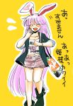  1girl :d ^_^ animal_ears bag blush closed_eyes clothes_writing coat crescent crescent_moon_pin english green_shoes handbag highres jewelry komaku_juushoku lavender_hair long_hair necklace open_mouth outline rabbit_ears reisen_udongein_inaba shoes shorts smile solo touhou translation_request very_long_hair watch watch white_outline yellow_background 