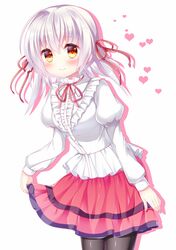  1girl bangs black_legwear blush cowboy_shot eyebrows eyebrows_visible_through_hair frills hair_between_eyes hair_ribbon heart highres hoshizora_no_memoria juliet_sleeves long_hair long_sleeves looking_at_viewer natsume_asato orange_eyes ototsu_yume pantyhose pink_ribbon pink_skirt puffy_sleeves ribbon silver_hair simple_background skirt skirt_hold smile solo white_background 