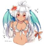  1girl ahoge bangs bare_shoulders bikini blush bow breasts character_name cleavage collarbone dark_skin dragon flower front-tie_bikini front-tie_top granblue_fantasy groin hair_between_eyes hibiscus long_hair long_sleeves looking_at_viewer medium_breasts moca_blanc navel off_shoulder open_clothes open_shirt red_eyes shirt simple_background smile solo swimsuit tail tail_bow text the_order_grande twitter_username upper_body white_background white_bikini white_hair white_shirt 