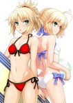  2girls ahoge alternate_costume aqua_eyes artoria_pendragon_(swimsuit_archer)_(fate) ass ball bare_arms bare_shoulders beachball bikini blonde_hair blush braid breasts butt_crack fate/grand_order fate_(series) french_braid front-tie_top gluteal_fold green_eyes hair_between_eyes hair_bun halter_top halterneck isse looking_away looking_to_the_side midriff mordred_(swimsuit_rider)_(fate) multiple_girls navel open_mouth red_bikini saber saber_of_red short_ponytail side-tie_bikini sidelocks smile standing surfboard swimsuit thighs white_bikini 