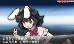  1girl animal_ears black_hair bow carrot_necklace dress fake_screenshot grin hacko inaba_tewi parody pokemon pokemon_(game) pokemon_xy puffy_short_sleeves puffy_sleeves rabbit_ears red_eyes short_sleeves smile solo style_parody touhou translation_request youngster_(pokemon) 