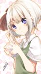  1girl blue_eyes blue_pupils blush bow collared_shirt colored_eyelashes cup dated drinking_cup drinking_straw floral_background green_vest hair_bow highres holding holding_cup konpaku_youmu looking_at_viewer parted_lips shirt short_hair signature silver_hair solo touhou upper_body varyu white_shirt 