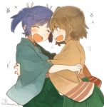  2girls blue_hair blush brown_hair closed_eyes cowboy_shot hair_ribbon hakama_skirt hiryuu_(kantai_collection) hug ina_(1813576) japanese_clothes kantai_collection long_sleeves multiple_girls one_side_up ribbon short_hair side_ponytail smile souryuu_(kantai_collection) tickling twintails twitter_username white_background wide_sleeves 