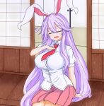  1girl animal_ears blouse breasts closed_eyes hand_on_own_chest highres large_breasts lavender_hair long_hair necktie open_mouth pleated_skirt rabbit_ears red_necktie reisen_udongein_inaba shirt skirt solo sprout_(33510539) touhou very_long_hair 