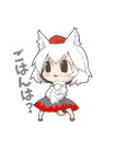  1girl :3 animal_ears black_eyes black_skirt blush blush_stickers chibi crossed_arms detached_sleeves hat inubashiri_momiji pom_pom_(clothes) simple_background skirt solo standing tail text tokin_hat touhou translation_request turtleneck white_background white_hair wide_sleeves wolf_ears wolf_tail zannen_na_hito 