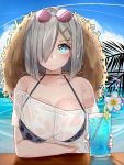  1girl bikini black_bikini blue_eyes blush breasts cup drinking_glass drinking_straw glasses hair_ornament hair_over_one_eye hairclip hamakaze_(kantai_collection) hat highres kantai_collection large_breasts looking_at_viewer ocean see-through shirt silver_hair smile solo sunglasses sunglasses_on_head suzuharu_(suzuharu0612) swimsuit wet wet_clothes wet_shirt 