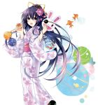  1girl apple candy_apple date_a_live fish floral_print flower food fruit goldfish hair_flower hair_ornament highres japanese_clothes kimono long_sleeves looking_at_viewer looking_back mask obi ponytail purple_hair sash simple_background smile solo tsunako violet_eyes white_background yatogami_tooka 