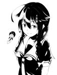  1girl ahoge black_hair black_serafuku braid greyscale hair_between_eyes hair_flaps hair_ornament hair_over_shoulder hair_ribbon hayashi_ekyuu kantai_collection looking_at_viewer monochrome neckerchief pokemon pokemon_(creature) poliwag remodel_(kantai_collection) ribbon school_uniform serafuku shigure_(kantai_collection) single_braid smile 