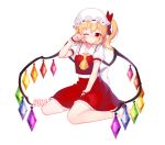  1girl arm_garter artist_name ascot blann blonde_hair blush bow eyebrows eyebrows_visible_through_hair flandre_scarlet hat hat_bow hat_ribbon mob_cap one_eye_closed puffy_short_sleeves puffy_sleeves red_bow red_eyes red_skirt red_vest ribbon rubbing_eyes short_sleeves side_ponytail simple_background sitting skirt skirt_set socks solo touhou wariza white_background white_bow wings wrist_cuffs 