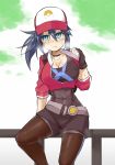  10s 1girl backpack bag blue_eyes blue_hair blush breasts brown_legwear choker cleavage covered_navel female_protagonist_(pokemon_go) female_protagonist_(pokemon_go)_(cosplay) fingerless_gloves gloves hair_between_eyes hot imura_(shiro_maru) jacket long_hair looking_to_the_side open_clothes open_jacket original pantyhose_under_shorts pokemon pokemon_go shiro_maru shorts sitting solo sweat sweating 