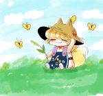  1girl :&gt; alternate_costume arm_up butterfly chin_strap closed_eyes clouds eyebrows eyebrows_visible_through_hair flower flower_request fox_tail grass hand_on_headwear hat hat_with_ears highres holding holding_flower komaku_juushoku multiple_tails overalls plant short_hair sitting sitting_on_ground sleeveless smile solo straw_hat suspenders tail touhou two_tails yakumo_ran younger 