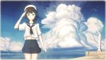  1girl a6m_zero absurdres aircraft airplane arm_up beret blouse clouds cloudy_sky coat cowboy_shot day fubuki_(kantai_collection) gloves hat highres horizon kantai_collection key_kun lighthouse looking_at_viewer navel neckerchief outdoors pleated_skirt sailor_collar salute school_uniform serafuku shore short_hair short_sleeves skirt sky smile solo standing thigh_gap water white_blouse white_gloves 