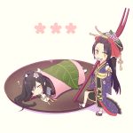  2boys black_hair bow detached_sleeves flower food fork grin hair_bow hair_flower hair_ornament hair_stick hand_on_hip honegai in_food japanese_clothes jirou_tachi lying male_focus miniboy multiple_boys on_stomach plate ponytail sakura_mochi sandals smile tarou_tachi touken_ranbu wagashi yellow_eyes 