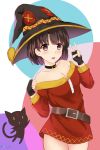  1girl :d alternate_costume black_cat black_eyes black_gloves black_hair breasts cat cleavage collar collarbone cosplay dress fingerless_gloves gloves hat highres katou_megumi kono_subarashii_sekai_ni_shukufuku_wo! looking_at_viewer megumin megumin_(cosplay) off-shoulder_dress off_shoulder open_mouth red_dress rko_(a470350510) saenai_heroine_no_sodatekata short_hair smile witch_hat yunyun_(konosuba) 